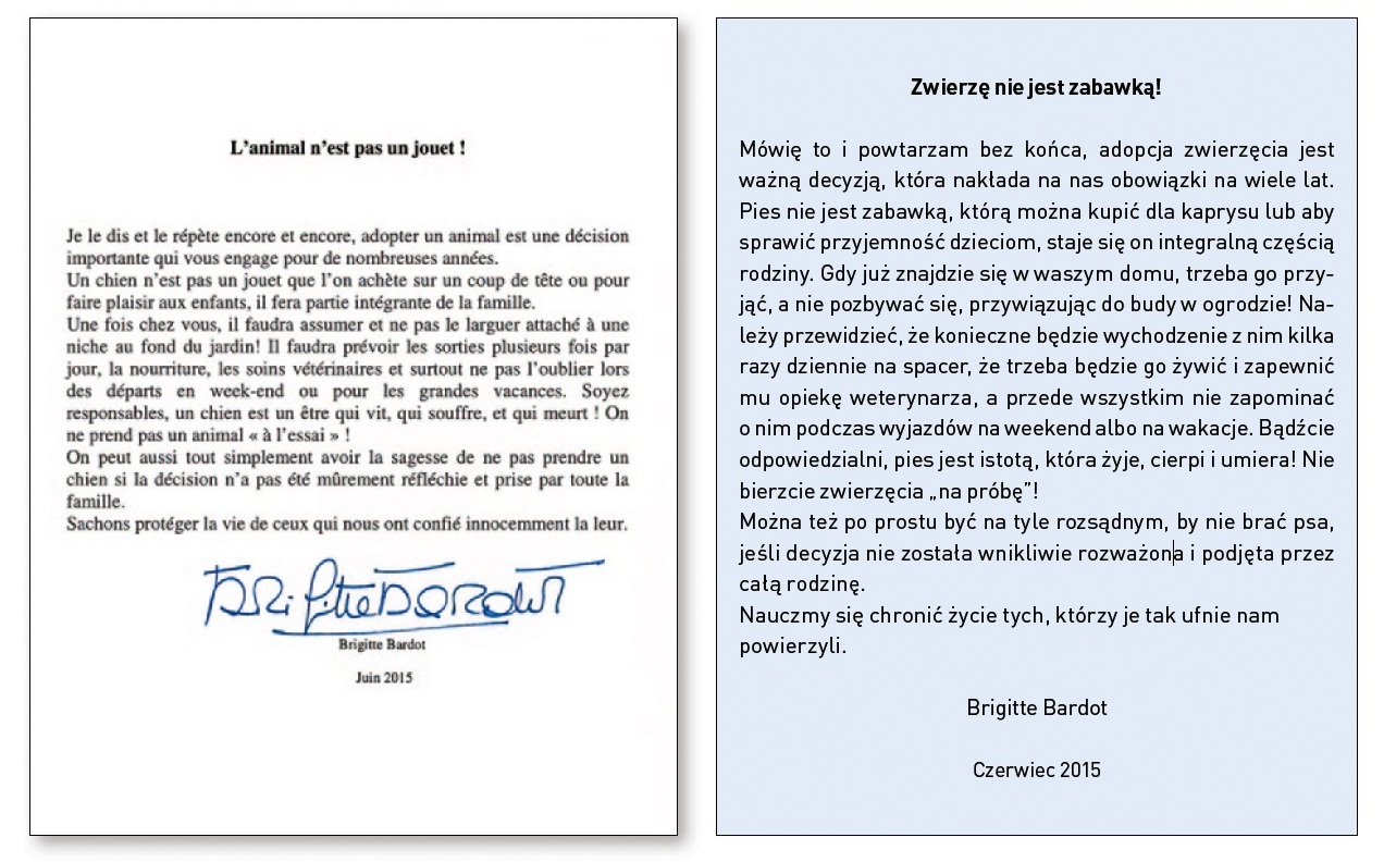 Brigitte Bardot specjalnie dla naszego Wydawnictwa:„Zwierzę nie jest zabawką!”