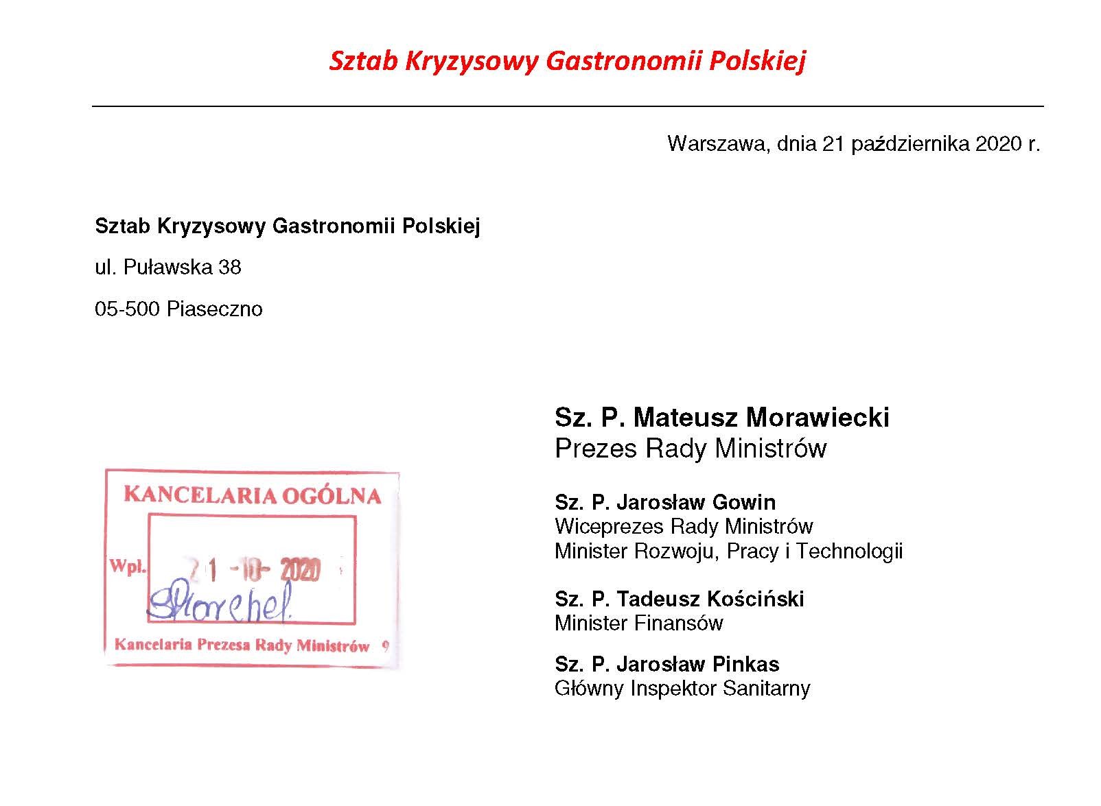 Sztab Kryzysowy Gastronomii Polskiej  zwraca się o pomoc do rządu