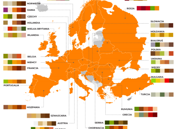 Mapa z paletą barw obrazującą lunche typowe dla różnych krajów