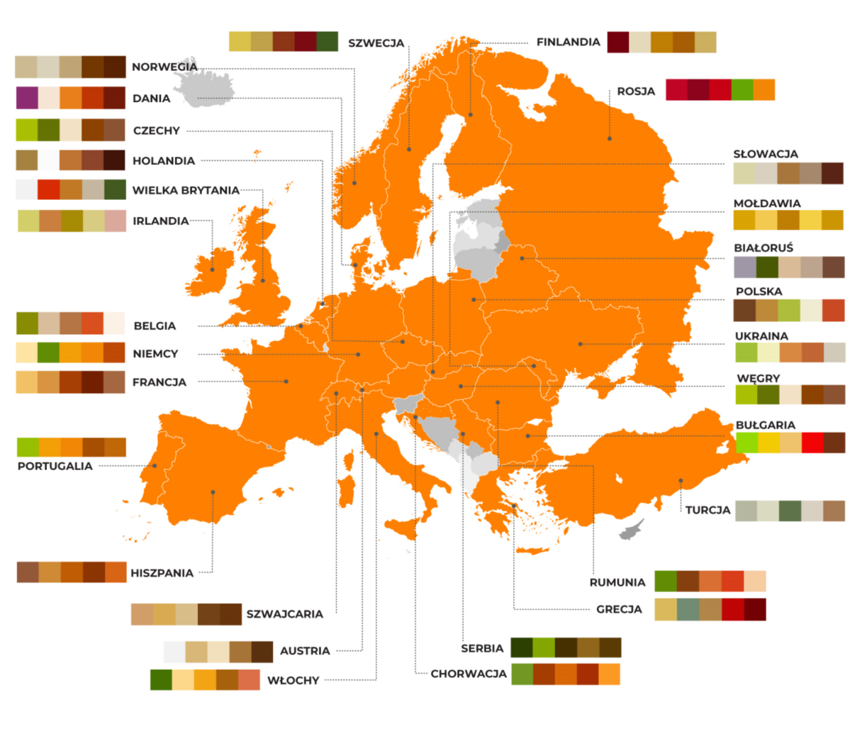 Mapa z paletą barw obrazującą lunche typowe dla różnych krajów