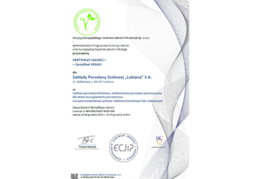 Zakłady Porcelany Stołowej „Lubiana” z Certyfikatem VEGAN